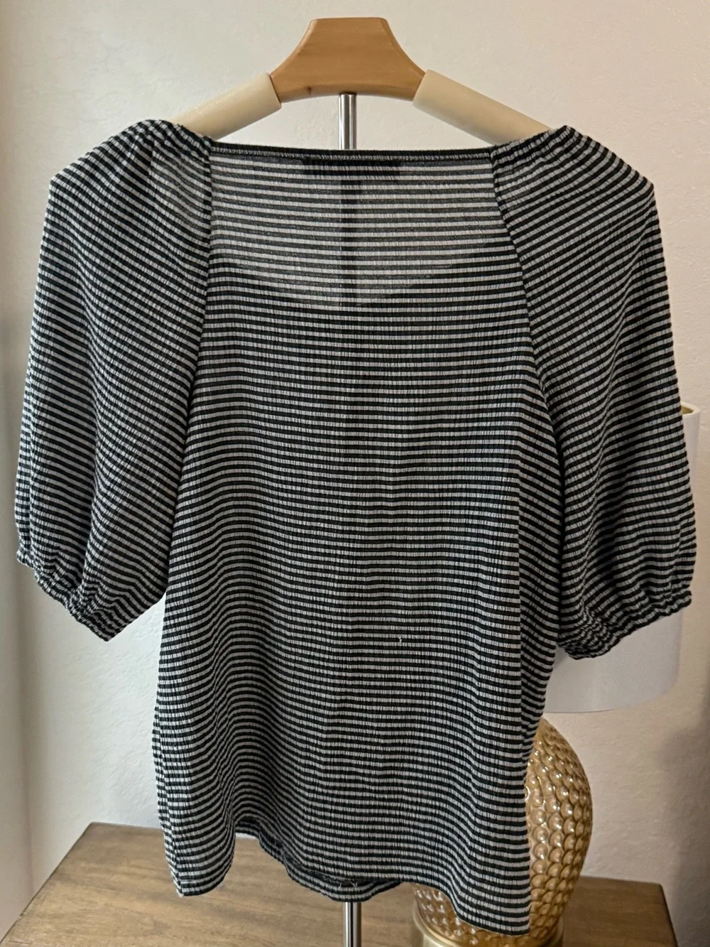 LOFT Black & White Striped Puff Sleeve Top